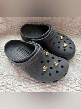 CROCS Black Clog with Gold Heart Charms